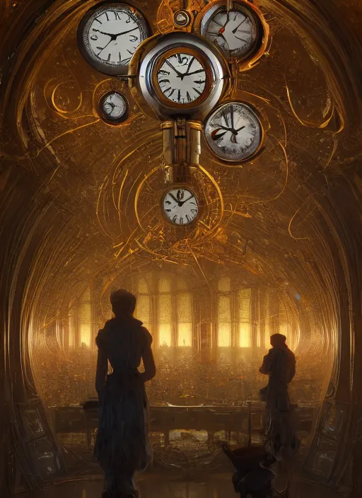 Prompt: the clocks made of men, au naturel, hyper detailed, digital art, trending in artstation, cinematic lighting, studio quality, smooth render, unreal engine 5 rendered, octane render, art style by klimt and nixeu and ian sprigger and wlop and krenz cushart