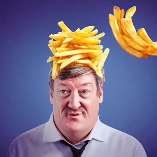 Image similar to photo of [ a single french fry chip ] shaped into stephen fry as a pixar character hybrid intercross mix cinematic lighting