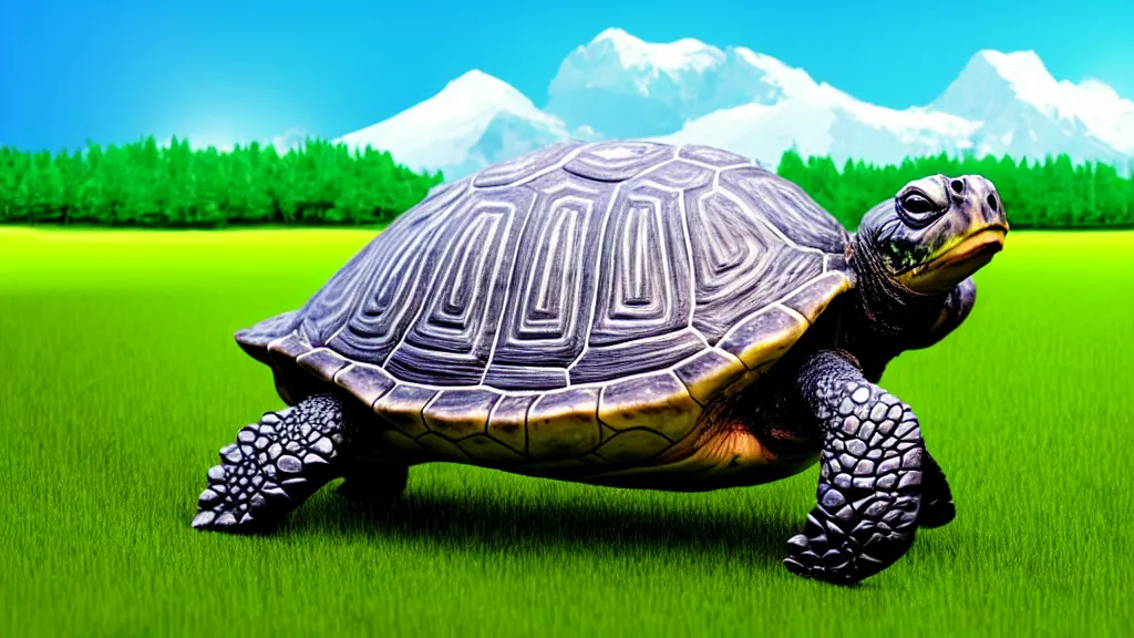 Image similar to Giant turtle with a city on it's back, walking through an open field, forest visible in the background