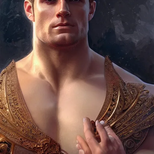 Prompt: henry cavill as a heavenly god, upper body, muscular, fantasy, intricate, elegant, highly detailed, digital painting, artstation, concept art, smooth, sharp focus, illustration, art by artgerm and greg rutkowski and alphonse mucha