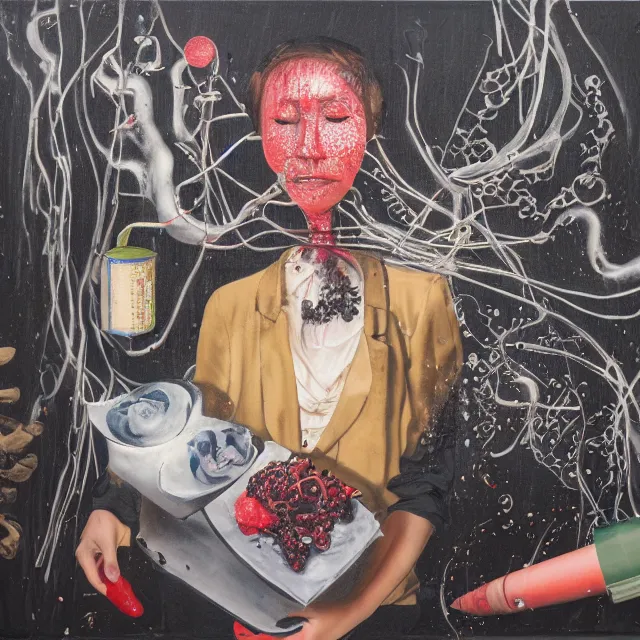 Image similar to a portrait in a dark laneway in tokyo, a woman holding pancakes, berries dripping, scientific instruments, ikebana, octopus, neo - expressionism, surrealism, acrylic and spray paint and oilstick on canvas