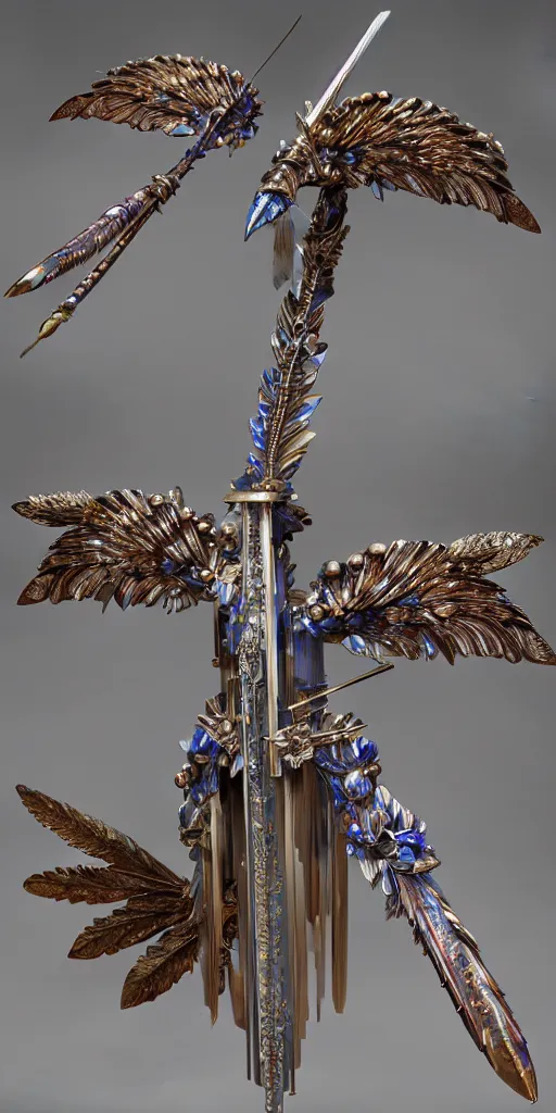 Prompt: beautiful physical detailed render of a sacred bow weapon made of crystal, the style of louis comfort tiffany, pascal blanche, zigor samaniego, paul pepera, ellen jewett, weapon design, mechanics, weapon model, feather, wing, exquisite, metal, structure, c 4 d, 3 d render,, unreal engines, light effect, 4 k hd