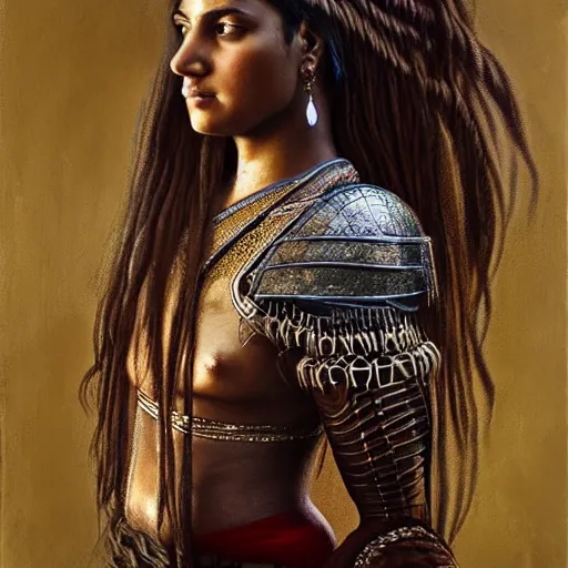 Prompt: stunning, breathtaking, awe - inspiring award - winning concept art portrait painting by steve mccurry of a beautiful young hindu woman warrior with long braided hair, in armor