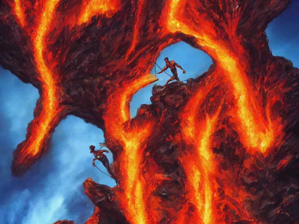 Prompt: arnold schwarzenegger surfing on lava from an erupting volcano by boris vallejo, stunning scene, 8 k, digital painting, hyperrealism, bright colors, trending on artstation