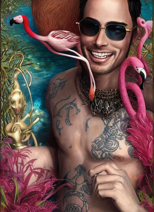 Prompt: athletic Atlantean king Enrique Iglesias grinning and wearing cholo sunglasses and a heavy bejeweled gold crown reclining poolside with a beautiful flamingo, steelpunk, ghibli studio, nekro, Tom Bagshaw, Craig Mullins, octane 8k, by brian froud, Trending on ArtStation