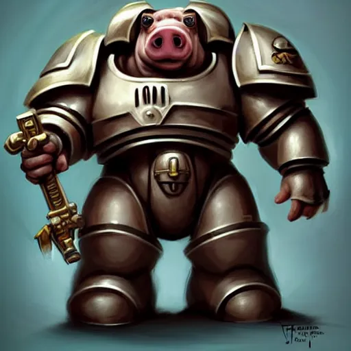 Image similar to cute little anthropomorphic Pig Space Marine, tiny, small, short, Space marine, cute and adorable, pretty, beautiful, DnD character art portrait, matte fantasy painting, DeviantArt Artstation, by Jason Felix by Steve Argyle by Tyler Jacobson by Peter Mohrbacher, cinema