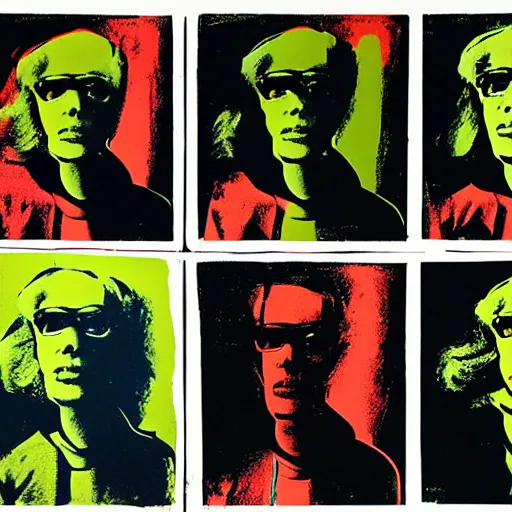 Prompt: silkscreen and lithography to create pictures of cyborgs in the style of andy warhol