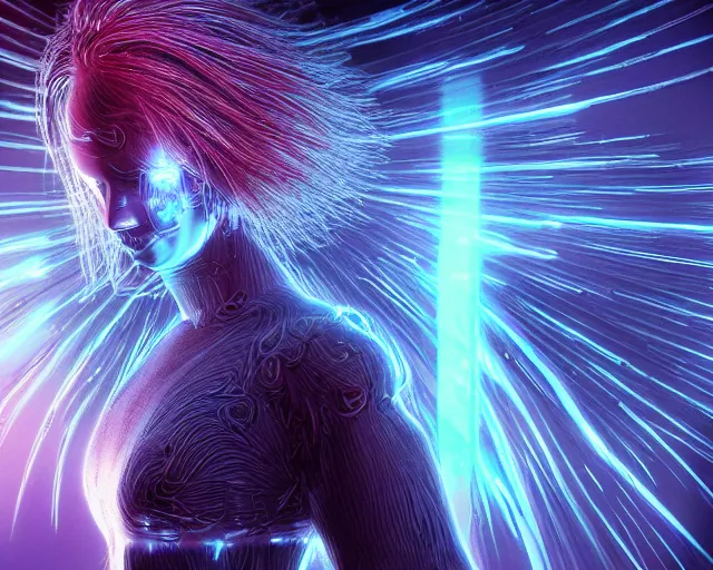 Image similar to glowing hair, complex cybernetic beings, beautiful hairy humanoids, cybermagnetosphere, cybernetic civilizations, ornate hair, love, joy, vortexes, large arrays, data holograms, 8 k, cinematic light shadows, wet hdr refractions, *, * * *, * * * * *