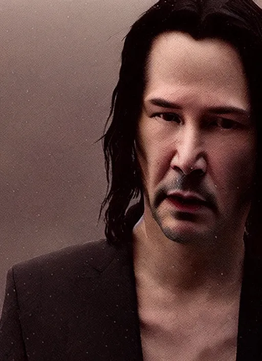 Image similar to screenshoot from david lynch weird movie, face centered portrait of keanu reeves in matrix movie, confident, fog, rain, volumetric lighting, beautiful, golden hour, sharp focus, ultra detailed, cgsociety by leesha hannigan, ross tran, thierry doizon, kai carpenter, ignacio fernandez rios, noir photorealism, film