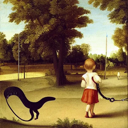 Image similar to a kid at the park walking a velociraptor with a leash, renaissance oil painting