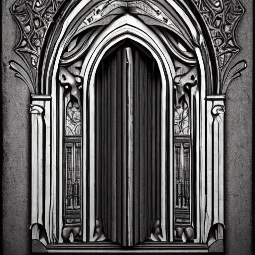 Image similar to portal double doors with a big face carved in the center. gothic medieval baroque. black iron. symmetry. epic. ominous shapes. trending on artstation