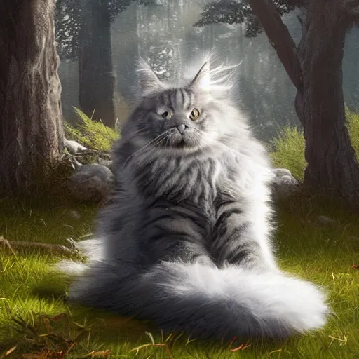 Image similar to a big magnificent dark gray maine coon mix cat with white belly, white paws and white face markings with long fur and fluffy tail, sitting, soft lighting, peaceful, science fiction, award-winning, cinematic lighting, insanely detailed, very realistic, Artstation, Cgsociety, by Simon Stalenhag, directed by Denis Villeneuve, filmic