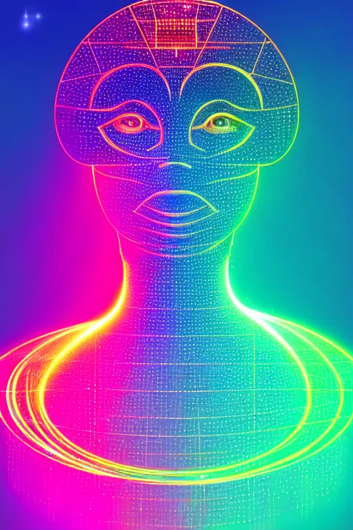 Image similar to portrait of the goddess of artificial intelligence as a hologram, in front of a rainbow of data, threads of light in the background, extremely high quality artwork, very detailed, obscured face, anthropomorphic silhouette, trending on artstation