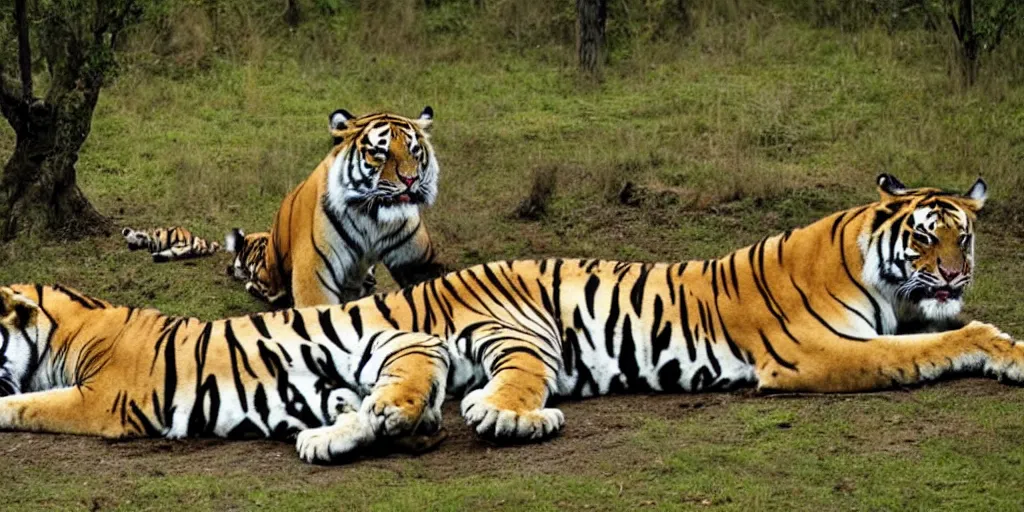 Image similar to a tiger lying next to a lion and a human approaching them