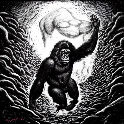 Image similar to gorilla falling from heaven, in the style of deathspell omega's fas album cover