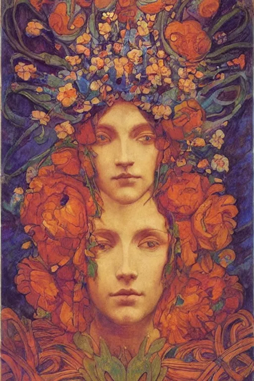 Image similar to queen of flowers by Annie Swynnerton and Nicholas Roerich, strong dramatic cinematic lighting , ornate headdress , flowing robes, lost civilizations, smooth, sharp focus, extremely detailed