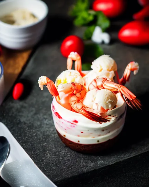 Prompt: dslr food photograph of a cup of ice cream sundae with shrimps on. 8 5 mm f 1. 4