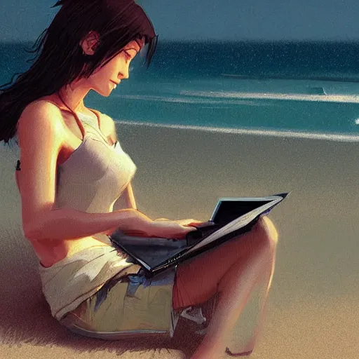 Image similar to concept art of man working on laptop at beach, perfect face, fine details, by greg rutkowski, makoto shinkai