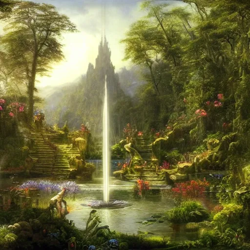Image similar to a beautiful and highly detailed matte painting of a magical fountain in a fantasy garden in a lush forest deep in the mystical mountains, intricate details, epic scale, insanely complex, 8 k, sharp focus, hyperrealism, very realistic, by caspar friedrich, albert bierstadt, james gurney, brian froud,