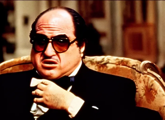 Image similar to film still of Danny de Vito as the Godfather 1972, cineastic, brown colors, 8K