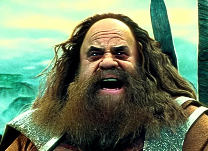 Image similar to film still of danny devito as gimli in lord of the rings movie, 8 k