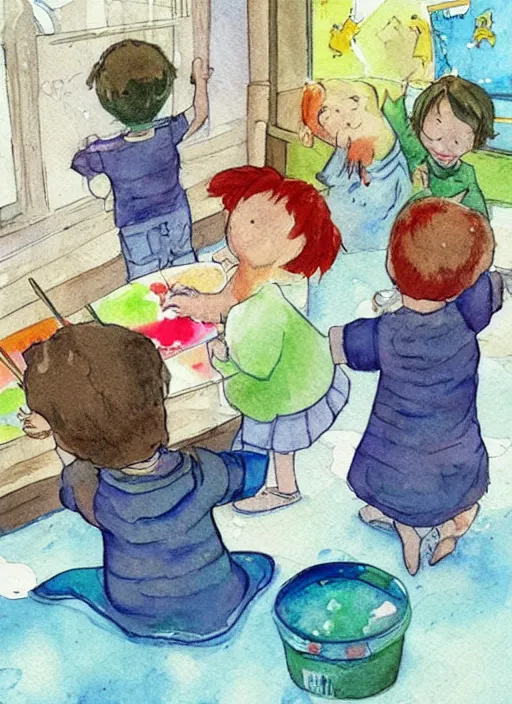 Prompt: “Several small children painting a picture together and jumping happily. Paint is flying and dripping and there are paint stains on the walls. Illustration with water colors for children's book. Detailed colors on grainy paper.”