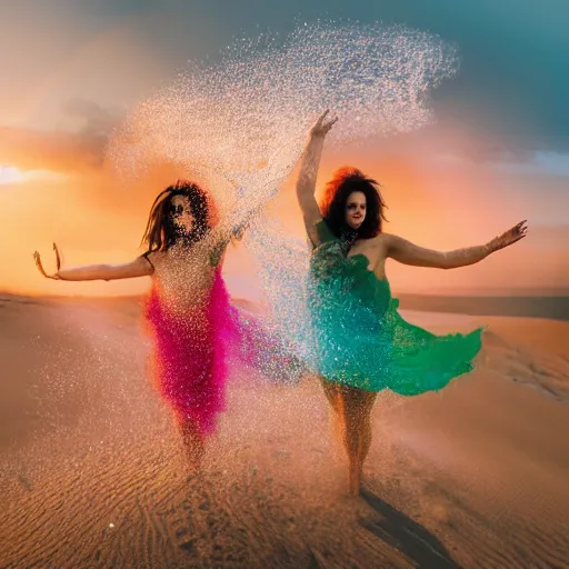 Image similar to filmstill photography of two female body suihouettes covered with curly white translucent blanket blowing in wind with rainbow pattern, acrylic liquid colors, luxurious supermodel photoshooting, golden jewelry, bokeh, godrays, strong wind, wrinkles, sunrays, sunset, lens flares, cold colors, sand dunes