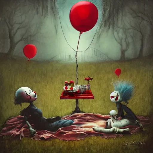 Image similar to grunge painting of a picnic with a wide smile and a red balloon by chris leib, loony toons style, pennywise style, corpse bride style, creepy lighting, horror theme, detailed, elegant, intricate, conceptual, volumetric light