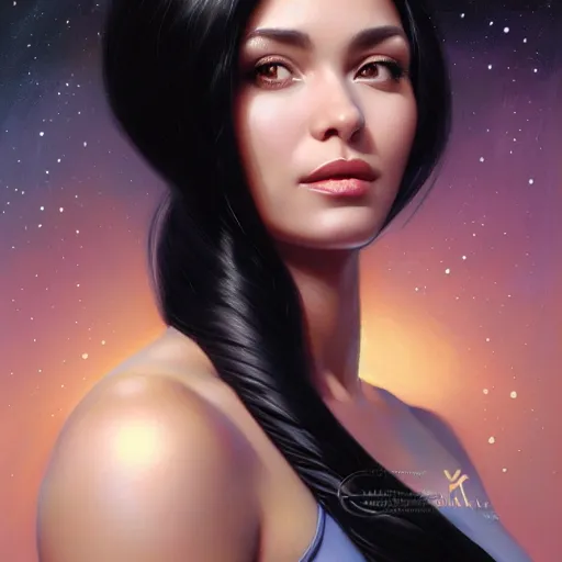 Image similar to a portrait of a very beautiful woman in a spacesuit, Alexandria\'s genesis, shoulder-length black hair, bored, illustration, soft lighting, soft details, painting oil on canvas by mark arian by artgerm, trending on artstation, 4k, 8k, HD