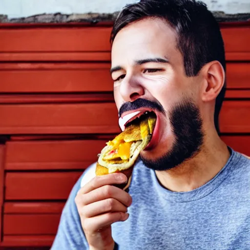 Image similar to he is eating a burger. he is eating it with his hands. he is eating it with his mouth. he is eating it with his teeth. he is eating it with his tongue. he is eating it with his lips. he is eating it with his cheeks