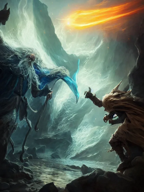 Prompt: photo of 8k ultra realistic Gandalf fighting the balrog, full of colour, cinematic lighting, battered, trending on artstation, 4k, hyperrealistic, focused, extreme details,unreal engine 5, cinematic, masterpiece, art by Peter Mohrbacher