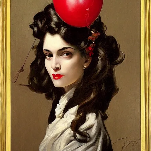 Image similar to painting skull portrait young woman holding a balloon, intricate, elegant, highly detailed,, art by jc leyendecker and singer sargent