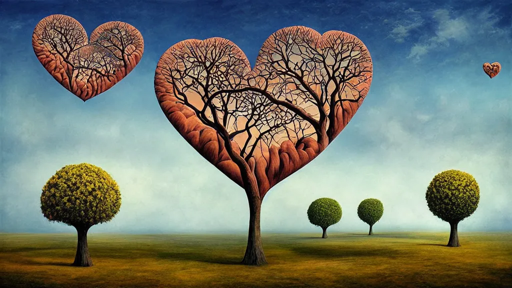 Image similar to surreal landscape, surrealism, fibonacci, heart shaped trees, symmetrical, esao andrews, victor enrich, dali