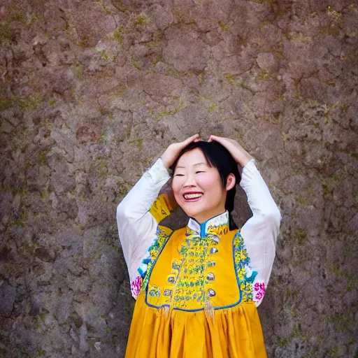 Prompt: photography of smiling kim chen in. kim chen in is wearing traditional - ukrainian folk shirt designed by taras shevchenko.