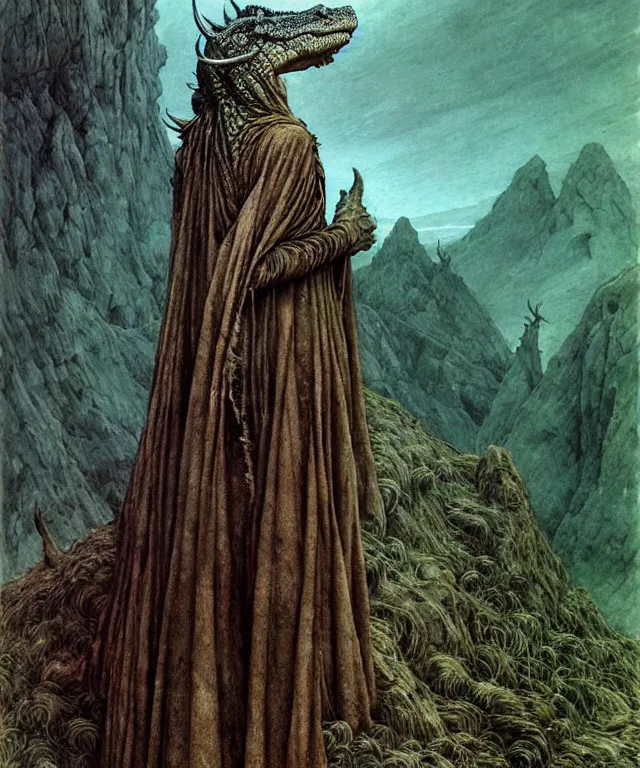 Image similar to A detailed horned crocodilewoman stands among the hills. Wearing a ripped mantle, robe. Perfect faces, extremely high details, realistic, fantasy art, solo, masterpiece, art by Zdzisław Beksiński, Arthur Rackham, Dariusz Zawadzki