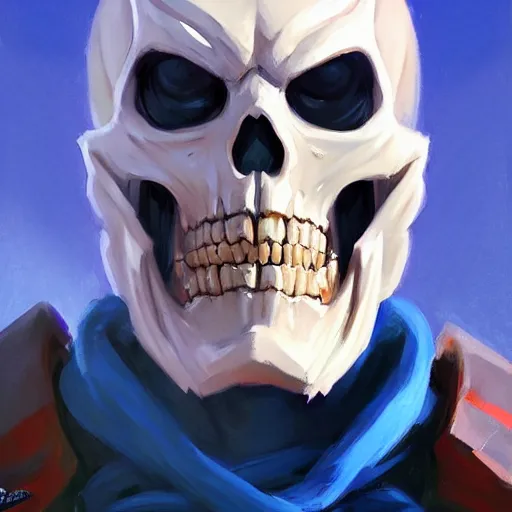 Prompt: Greg Manchess portrait painting of Skeletor as Overwatch character, medium shot, asymmetrical, profile picture, Organic Painting, sunny day, Matte Painting, bold shapes, hard edges, street art, trending on artstation, by Huang Guangjian and Gil Elvgren and Sachin Teng