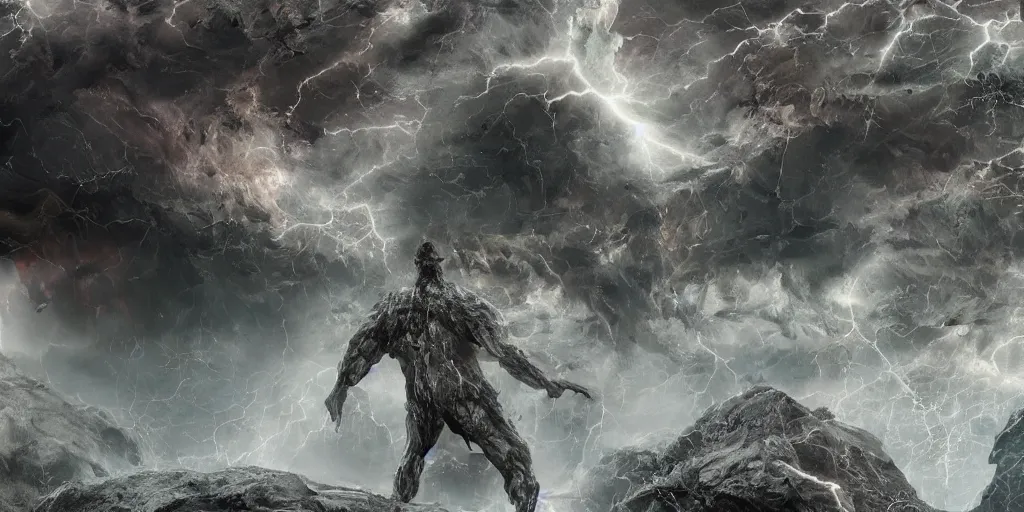 Image similar to monster made of energy in a landscape made of crystal, lightning storm, cinematic, detailed, epic, widescreen, opening, establishing, mattepainting, photorealistic, 4 k, octane render