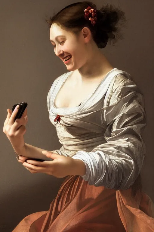 Image similar to a portrait of a beautiful young lady smiling at a text she just received from her crush, in style of Caravaggio, hypermaximalistic, high details, cinematic, 8k resolution, beautiful detailed, insanely intricate details, artstation trending, octane render, unreal engine