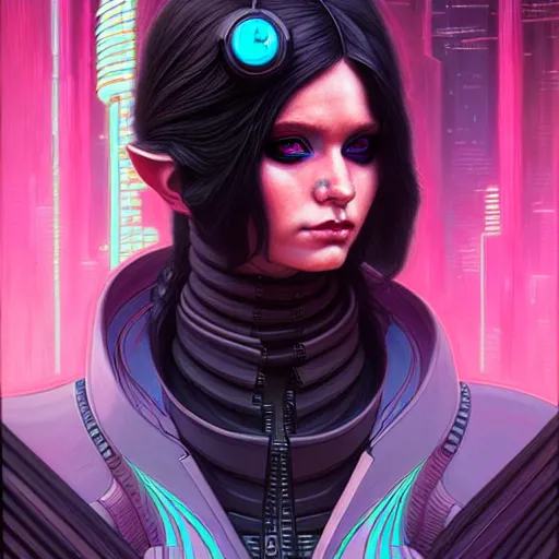 Image similar to portrait painting of a cyberpunk elf with beautiful flowing black hair and eyes, sharp focus, award - winning, trending on artstation, masterpiece, highly detailed, intricate. art by josan gonzales and moebius and deathburger