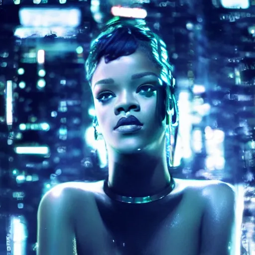 Image similar to portrait of rihanna as a cyborg in a futuristic city, surrounded by neon lights, cinematic, fantasy