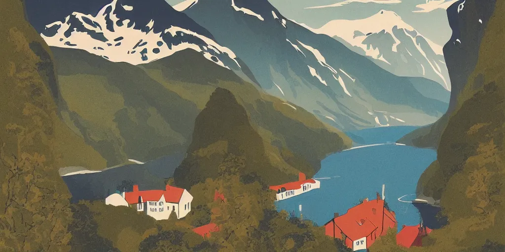 Image similar to beautiful idyllic poster illustration for a norwegian fjord valley national park by ludwig hohlwein, ludwig hohlwein, graphic, clean bold design no text