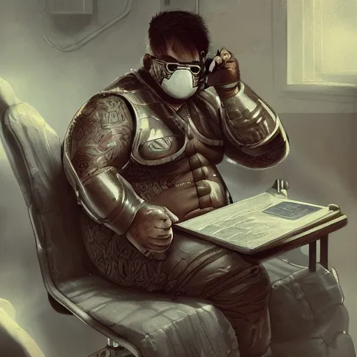 Image similar to an insanely detailed painting of a chubby nerdy asian man wearing a homemade superhero costume and mask, sitting at a computer desk typing on the keyboard, in the style of peter mohrbacher, dramatic lighting and composition, trending on artstation, concept art, comic book, graphic novel, back view