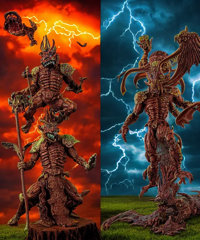 Prompt: hyperrealistic rendering, epic boss battle, ornate supreme demon overlord, by art of skinner and richard corben and jeff easley, product photography, action figure, sofubi, storm clouds, outside, lightning