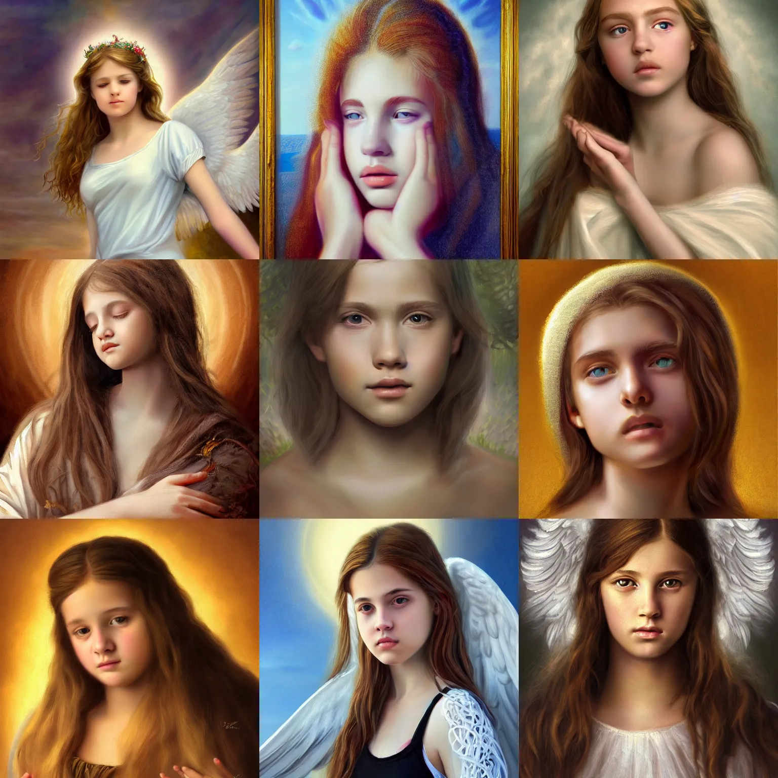 Prompt: a portrait of a beautiful teen angel, realistic painting, classical painting, high definition, digital art, matte painting, very detailed, realistic