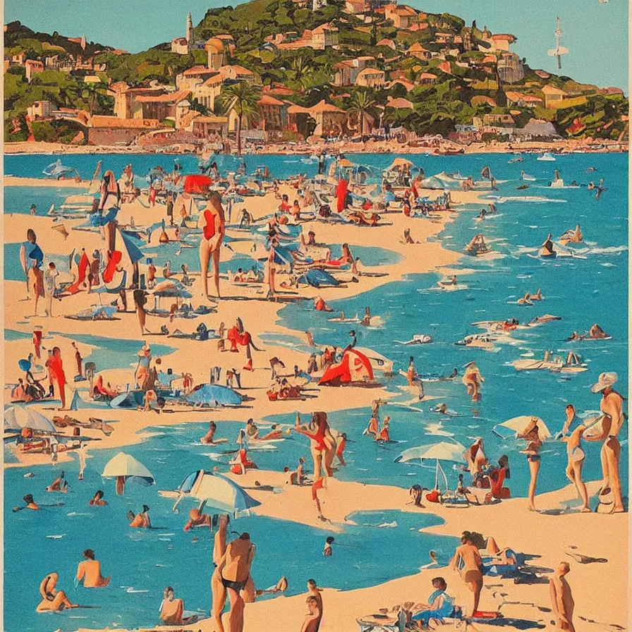 Prompt: “a vintage French tourism poster of robots sunbathing on a beach next to the ocean in st Tropez ”