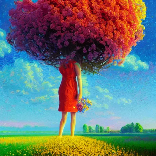 Image similar to girl with head made of flower, standing in a flower field, big trees, sunrise dramatic light, impressionist painting, colorful clouds, digital painting, pointillism, artstation, simon stalenhag