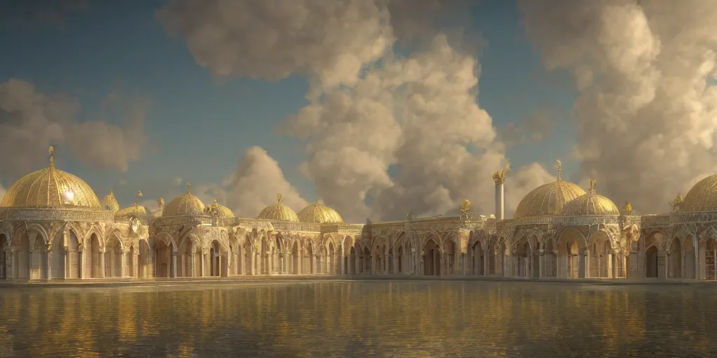 Image similar to hyperrealistic digital illustration of a shining Byzantine palace in a sea of clouds, fluffy pastel clouds, establishing shot, cinematic, architecture, concept art, deviantArt, artsation, artstation HQ, HD, 16k resolution, smooth, sharp detail, amazing depth, octane, finalRender, Unreal Engine