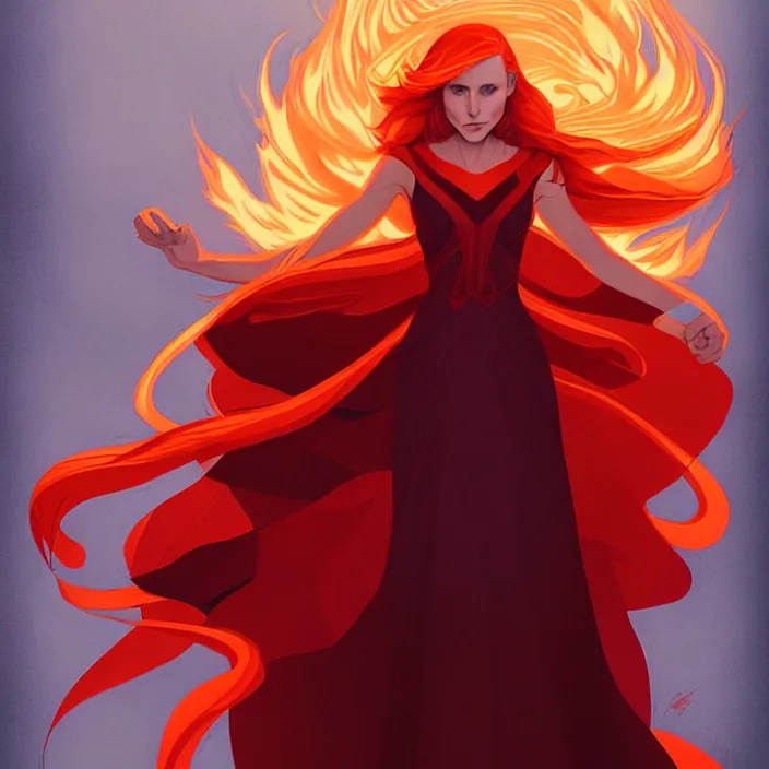 Prompt: style artgerm, joshua middleton, beautiful ( kristen bell ) with dark red dress, very long orange hair, symmetrical face, symmetrical eyes, fire powers fire swirling, detailed, volcano setting, cinematic lighting