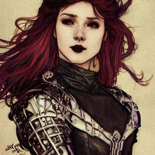 Prompt: a beautiful painting of mary jane watson dressed as a goth teenager, leather armored, dark eyeliner, intricate, elegant, highly detailed, digital painting, artstation, concept art, matte, sharp focus, illustration, art byby rebecca guay and by arthur rackham and by alphonse mucha and by john william waterhouse, comic book style!!