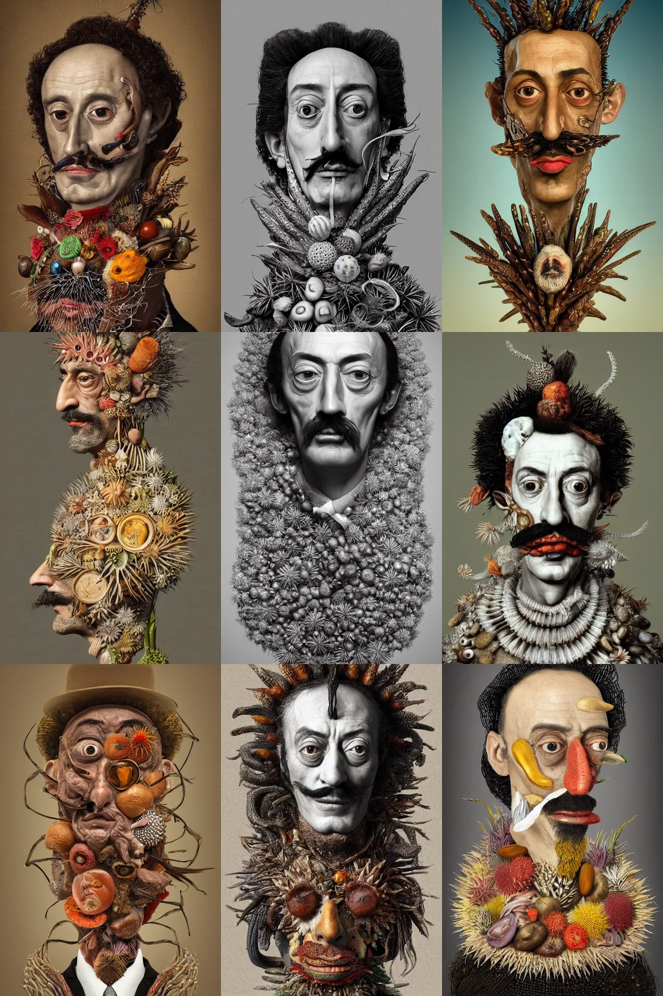 Prompt: giuseppe arcimboldo's portrait of salvador dali made out of echinoderms, artstation, octane render, unreal engine, 8 k, aperture f 1. 2